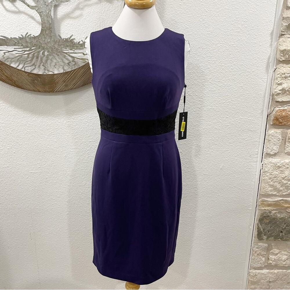 NWT Karl Lagerfeld Lace Inset Sleeveless Sheath Dress Purple Black 6